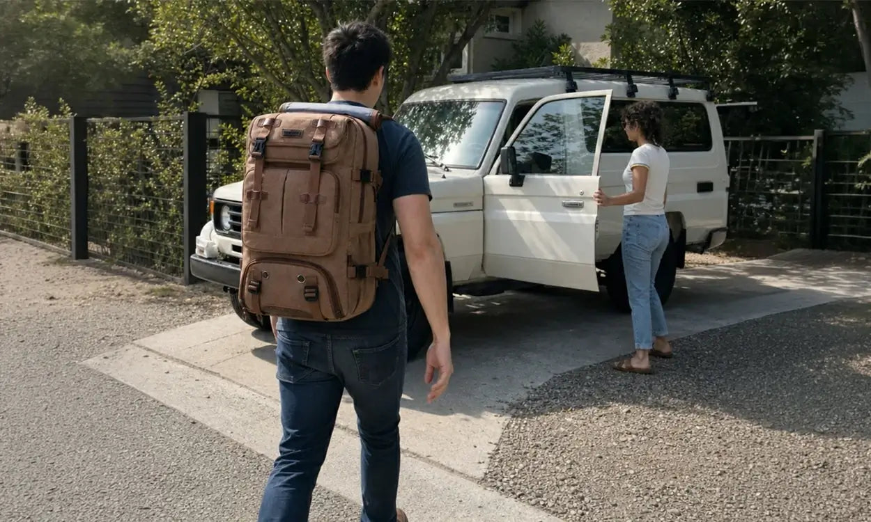 Traveler wearing a full-size brown WITZMAN A8013 40L backpack while walking toward a parked vehicle