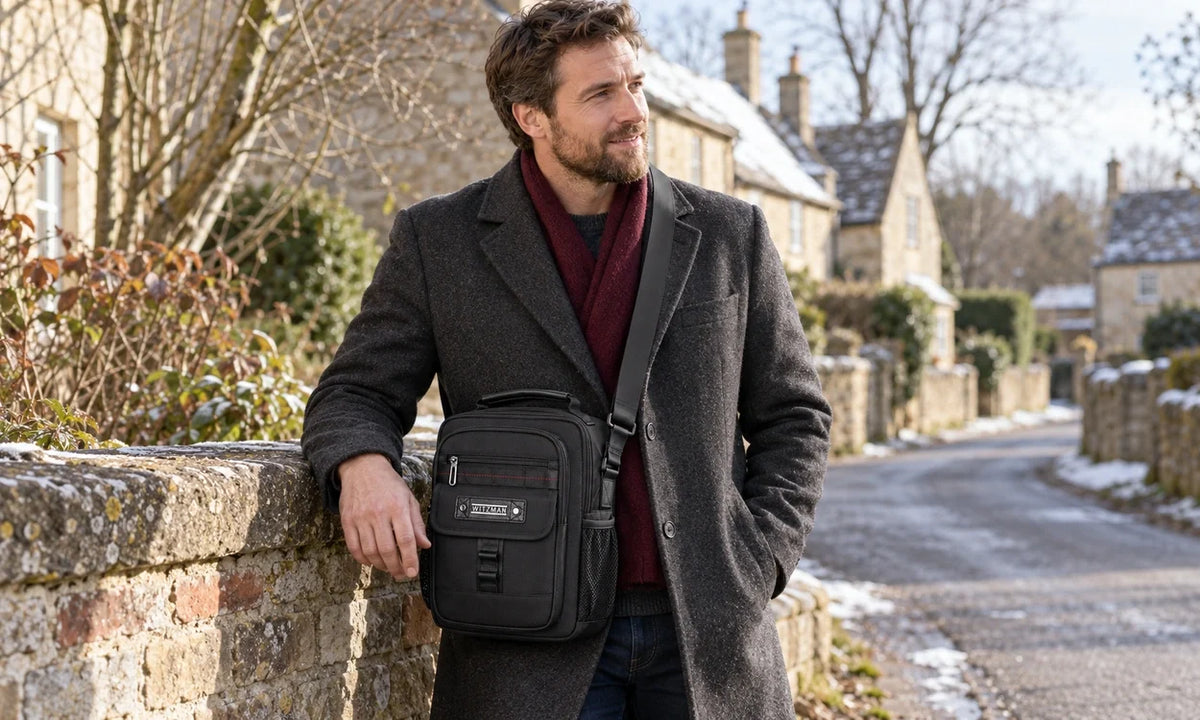 Man wearing a black WITZMAN B781 crossbody over a grey wool coat beside a stone wall