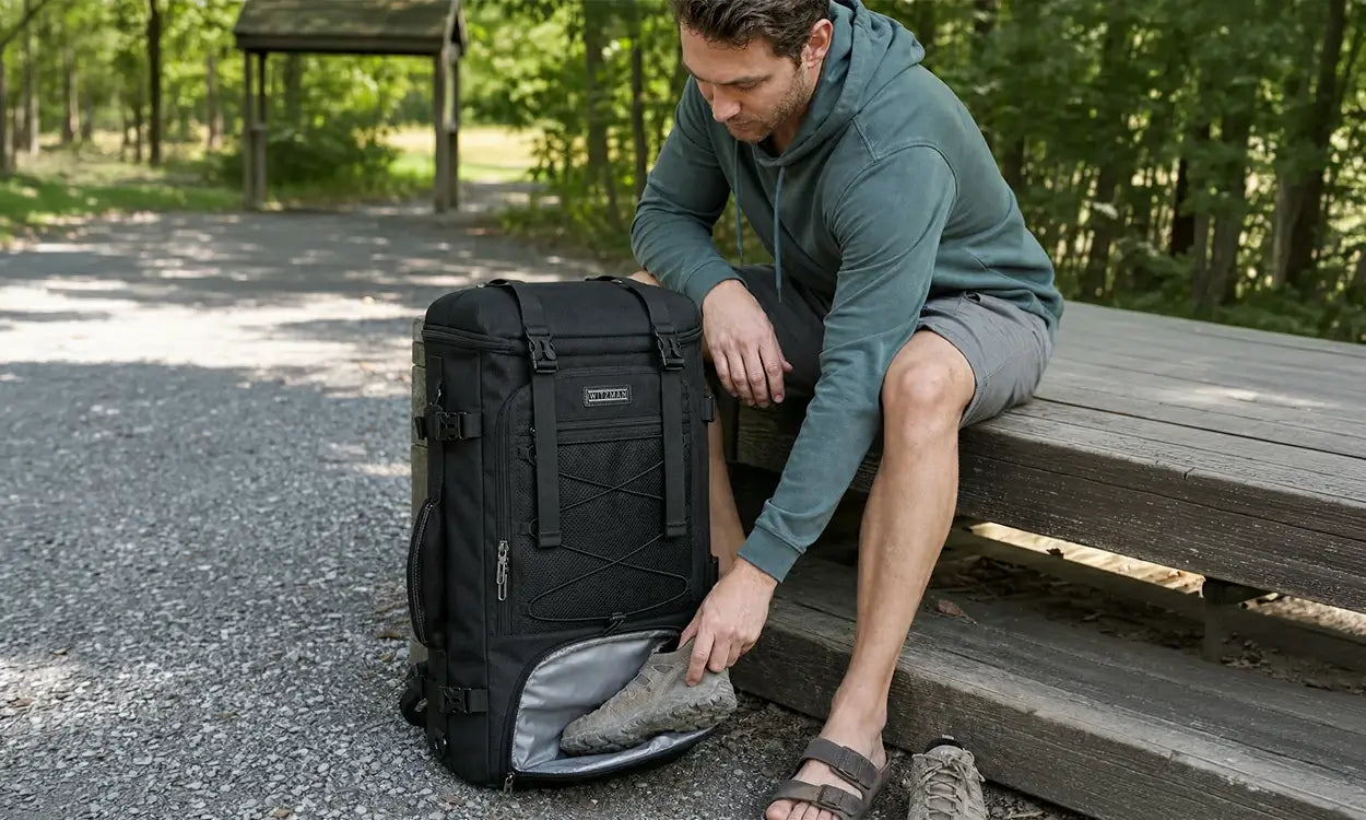 Traveler placing dusty trail shoes into the lower compartment of a full-size black WITZMAN B715 travel backpack at a wooded trailhead