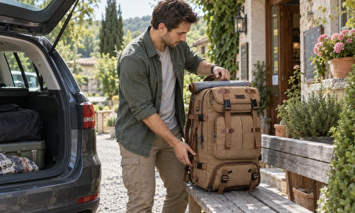 Male traveler organizing a brown WITZMAN A8013 canvas backpack beside a station wagon at a countryside guesthouse