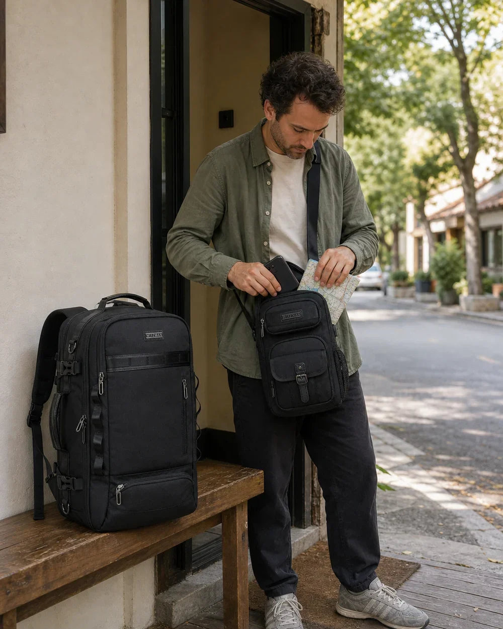 Traveler transferring daily essentials from a black WITZMAN B746 travel backpack into a compact B698 sling at a guesthouse doorway