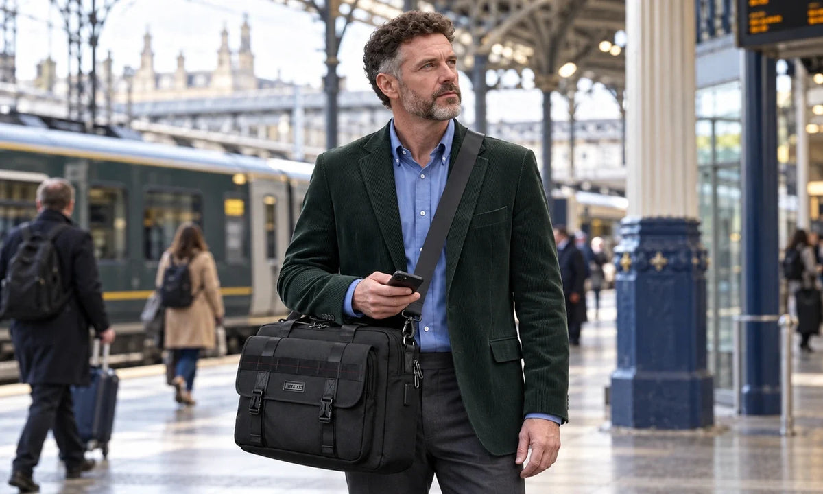 Man checking departure information at a railway station with a black WITZMAN B769 briefcase worn crossbody