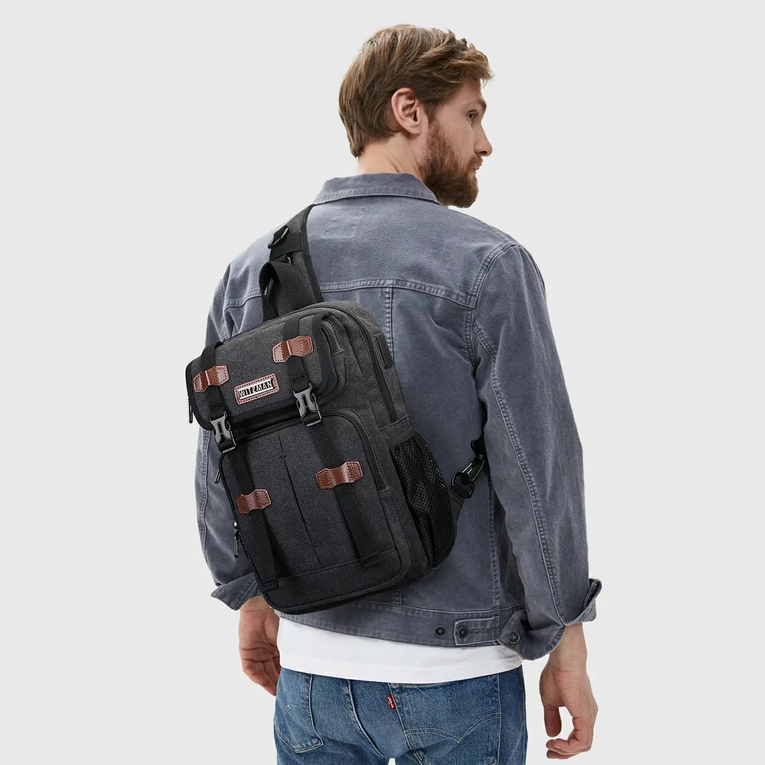 Men’S Canvas Sling Bag with USB Port, Vintage Crossbody Chest Bag, internal organizer pockets