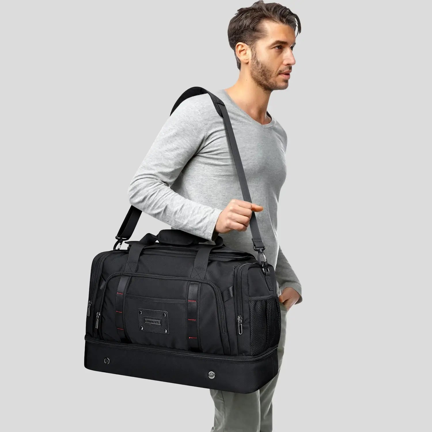 WITZMAN B720 men’s large nylon duffel bag with double-layer shoe compartment - black bag
