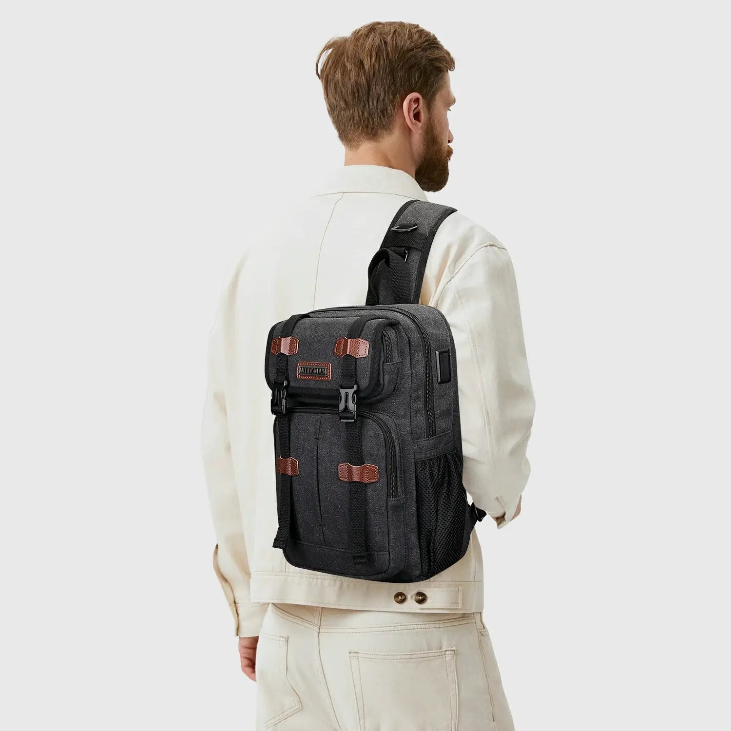 Men’S Canvas Sling Bag with USB Port, Vintage Crossbody Chest Bag, nylon texture and stitching