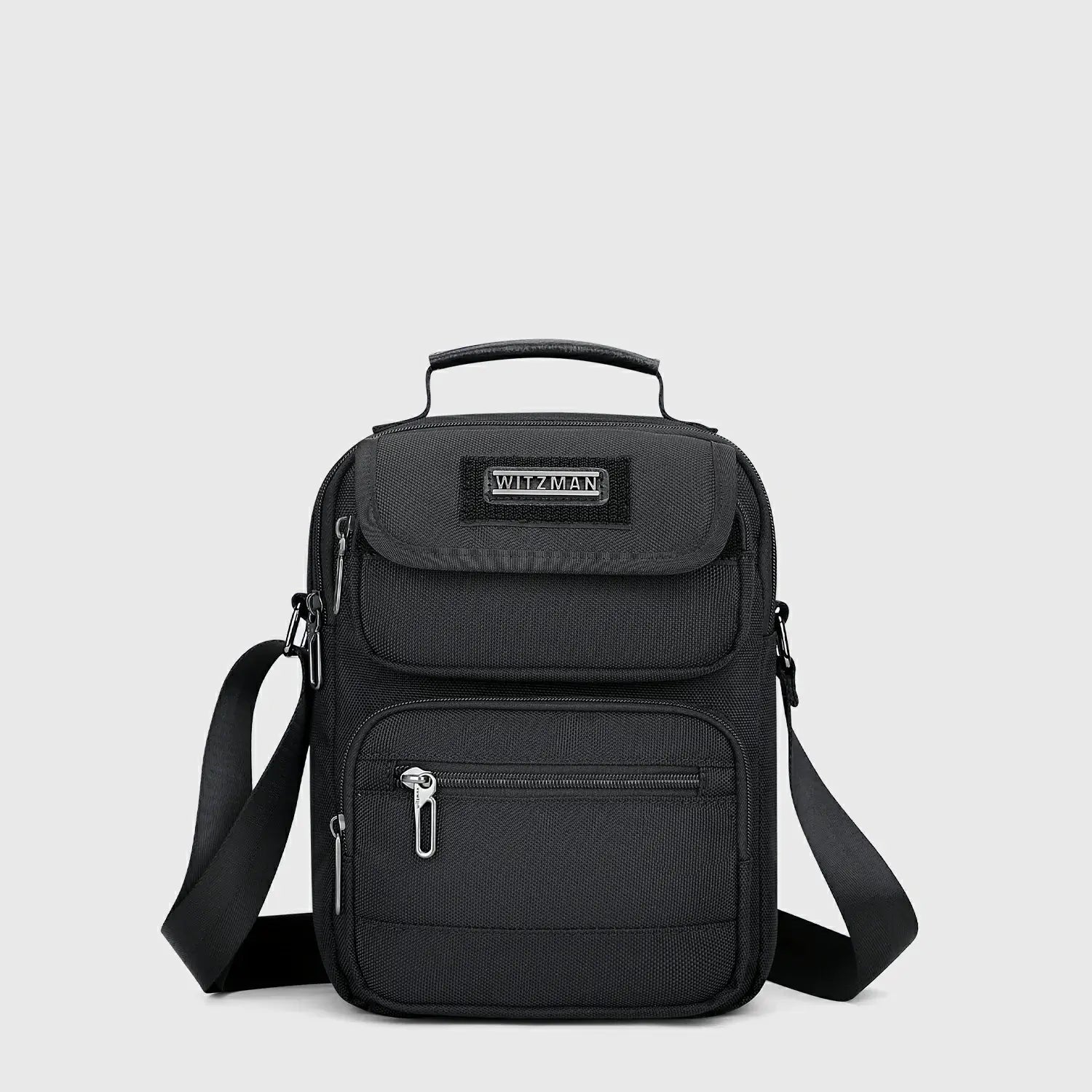 WITZMAN men’s black nylon crossbody sling bag with multiple compartments and iPad pocket B710