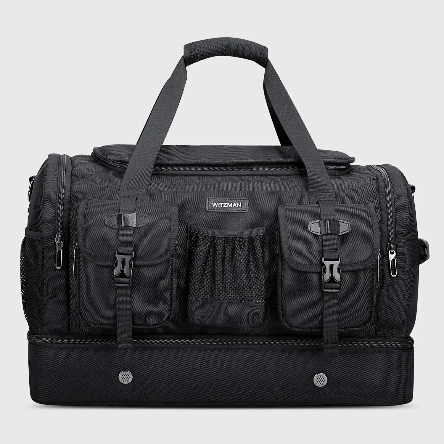 Double-Layer Duffel Bag Modern Split-Level Design with Bottom Shoe Compartment, three-quarter exterior angle