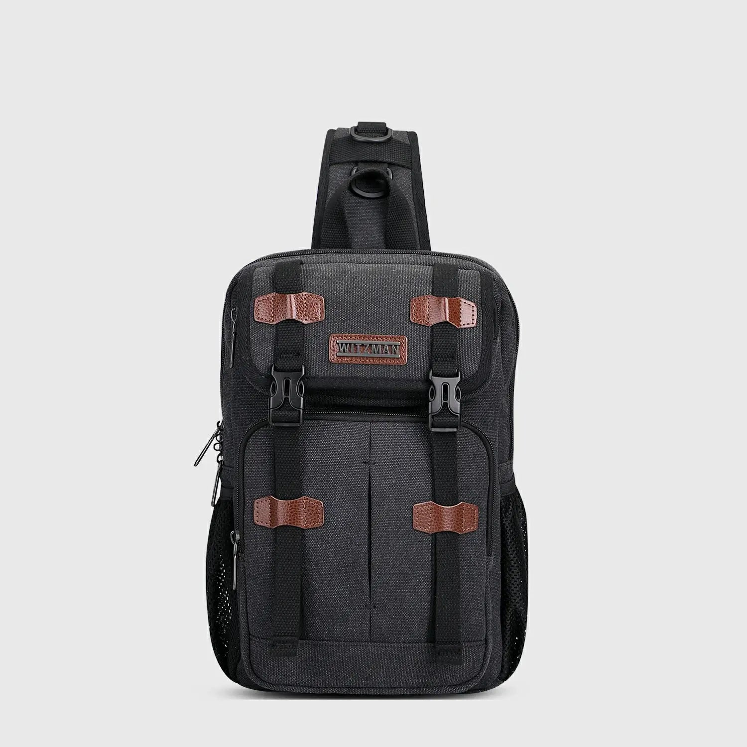 Men’S Canvas Sling Bag with USB Port, Vintage Crossbody Chest Bag, three-quarter exterior angle