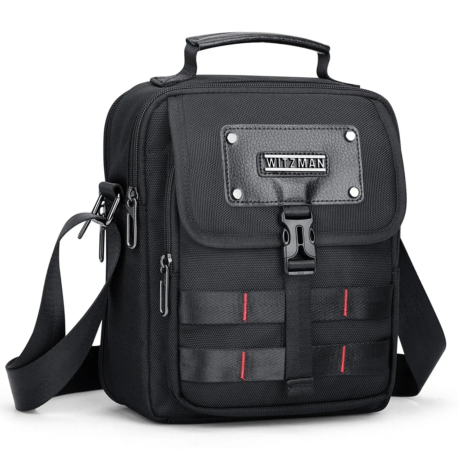 WITZMAN B708 men’s lightweight nylon crossbody bag with front MOLLE webbing - black messenger bag