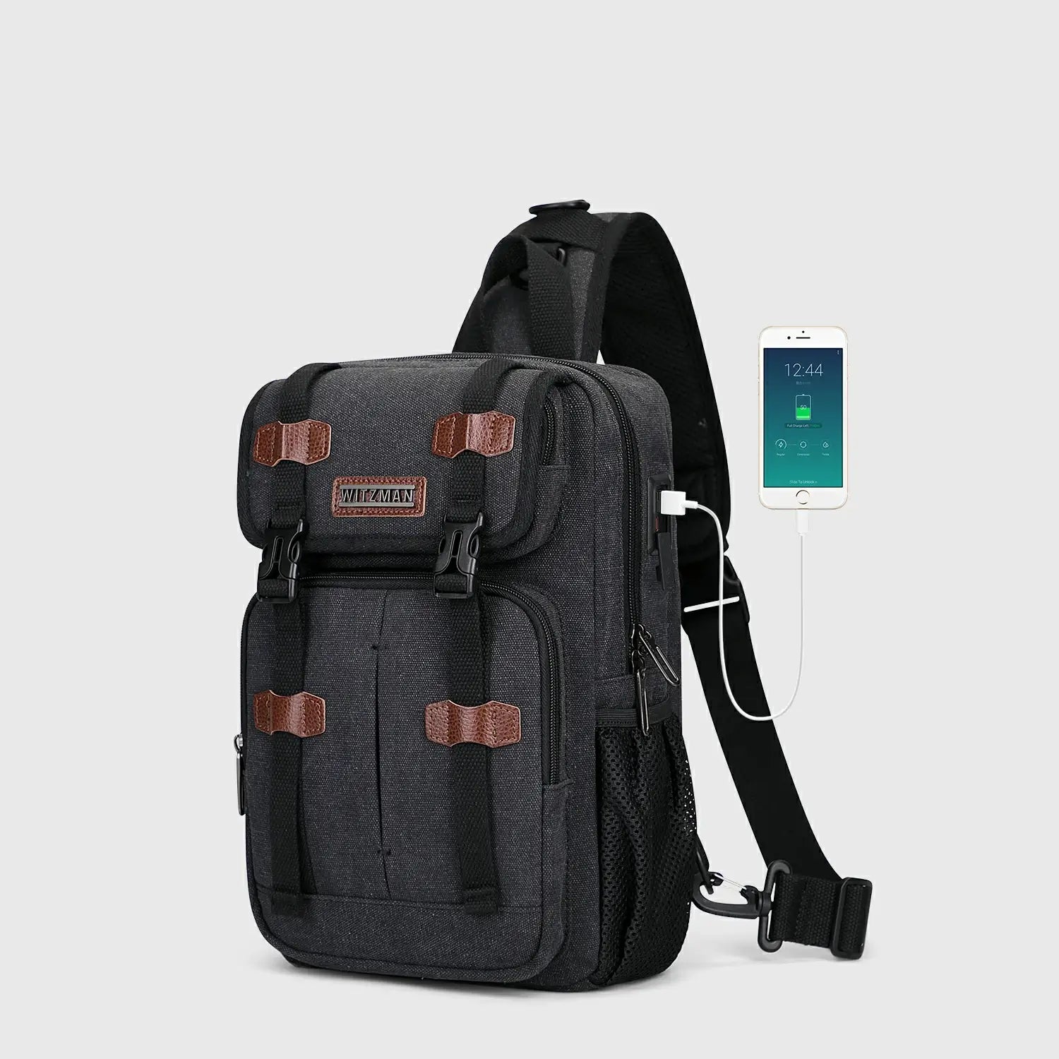 Men’S Canvas Sling Bag with USB Port, Vintage Crossbody Chest Bag, front exterior and compact shape