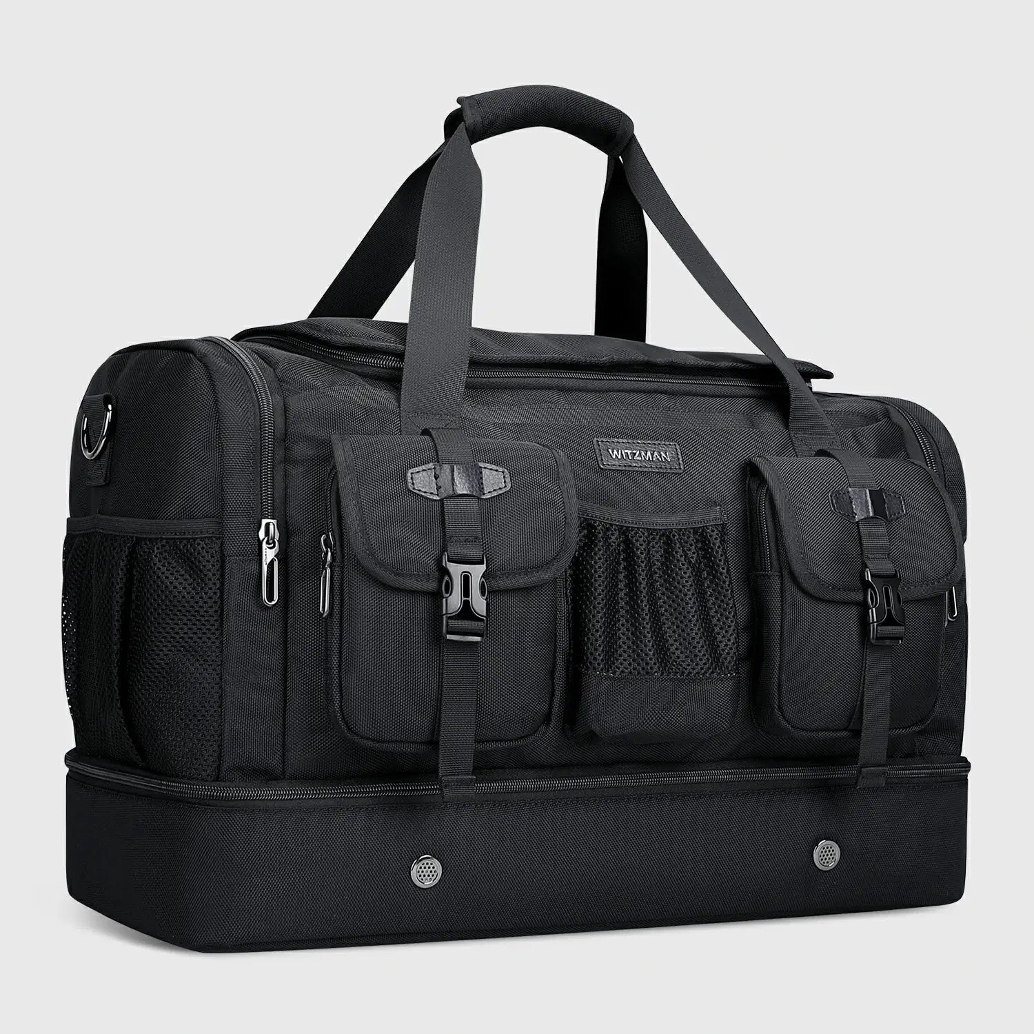 Double-Layer Duffel Bag Modern Split-Level Design with Bottom Shoe Compartment, front exterior and overall shape