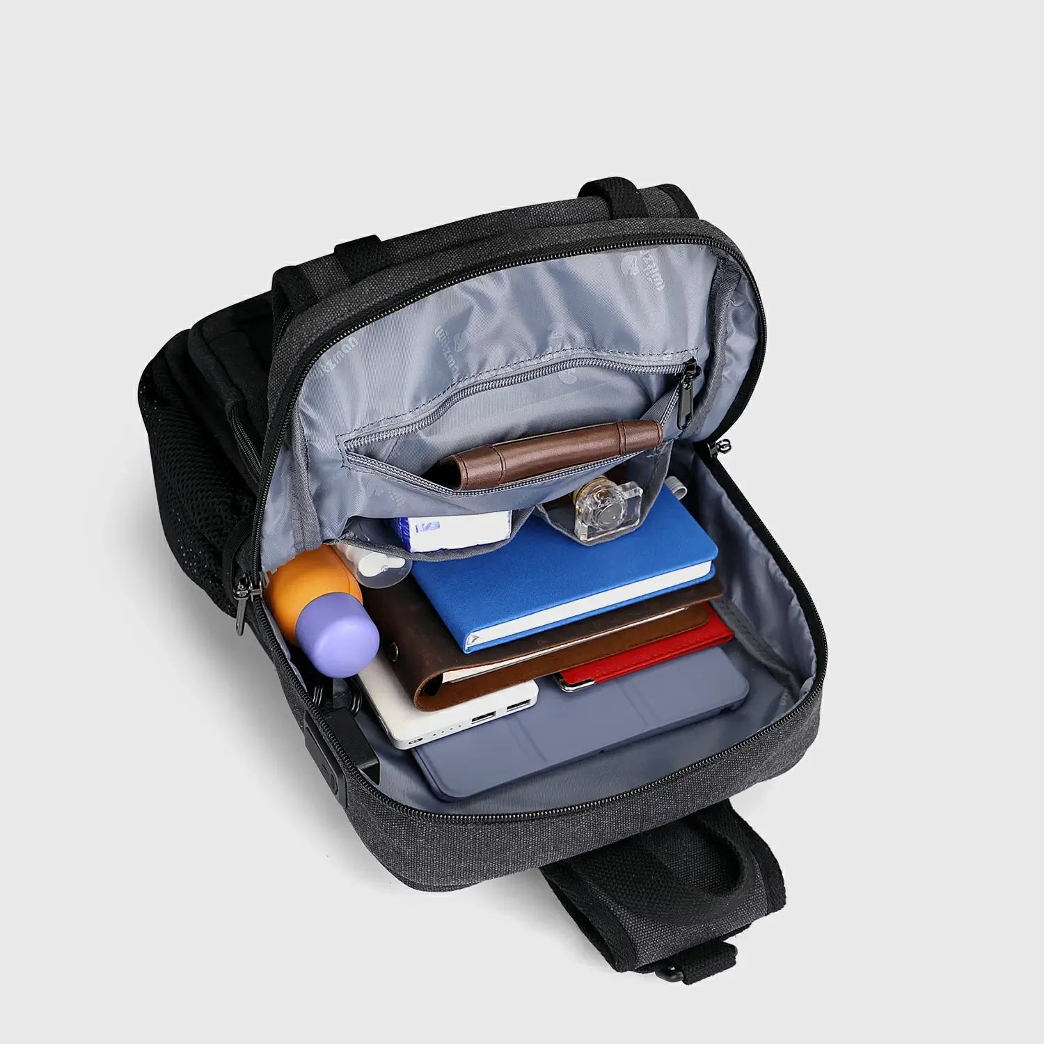 Men’S Canvas Sling Bag with USB Port, Vintage Crossbody Chest Bag, buckle and strap hardware