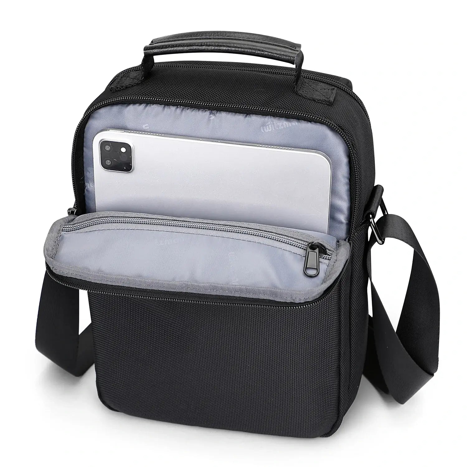 WITZMAN men’s black nylon crossbody sling bag with multiple compartments and iPad pocket B710
