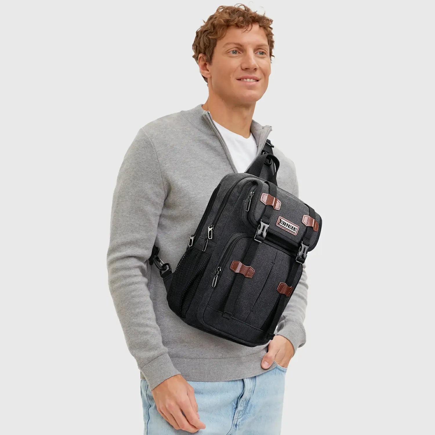 Men’S Canvas Sling Bag with USB Port, Vintage Crossbody Chest Bag, main pocket opened for essentials