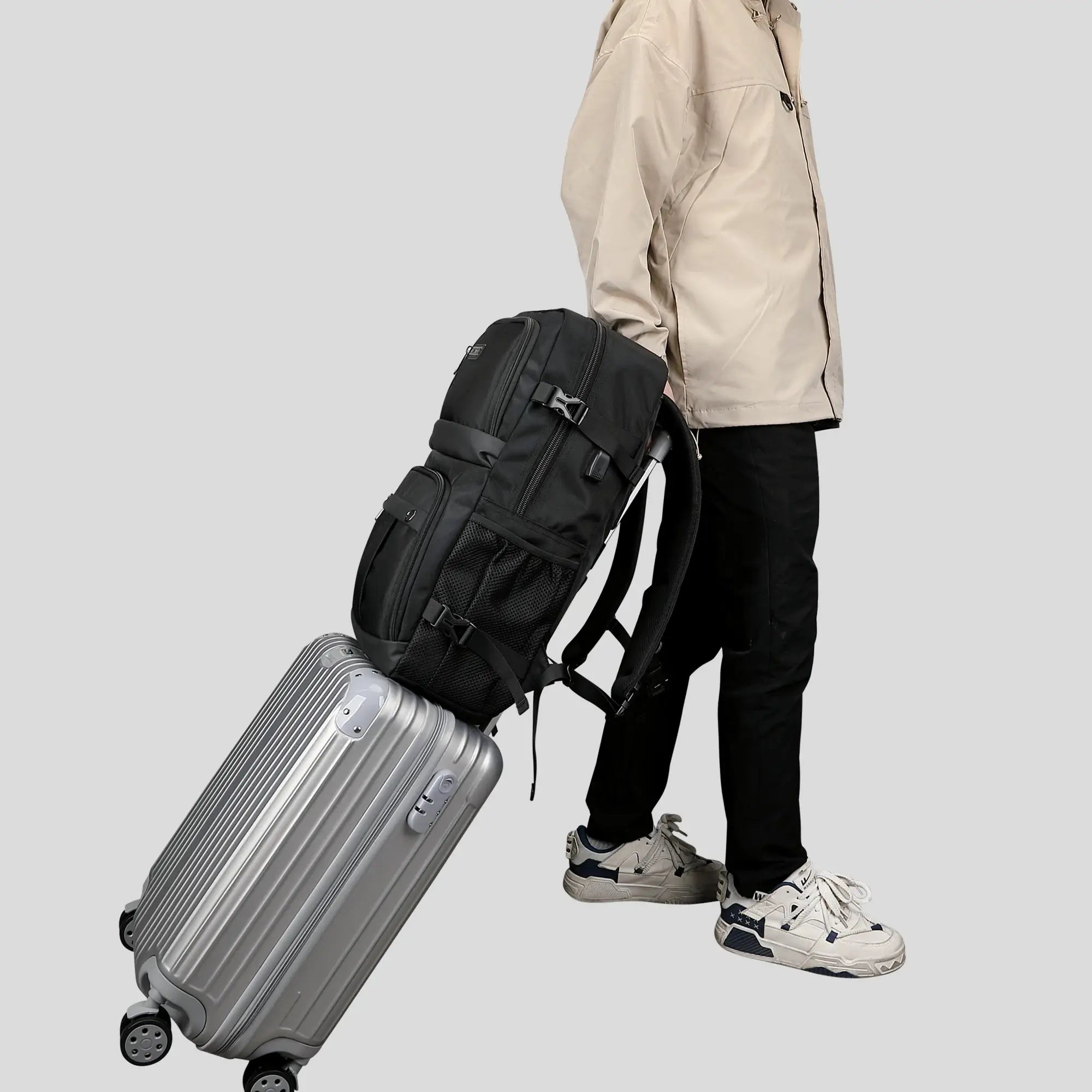 Black Nylon Travel Backpack for Men B683