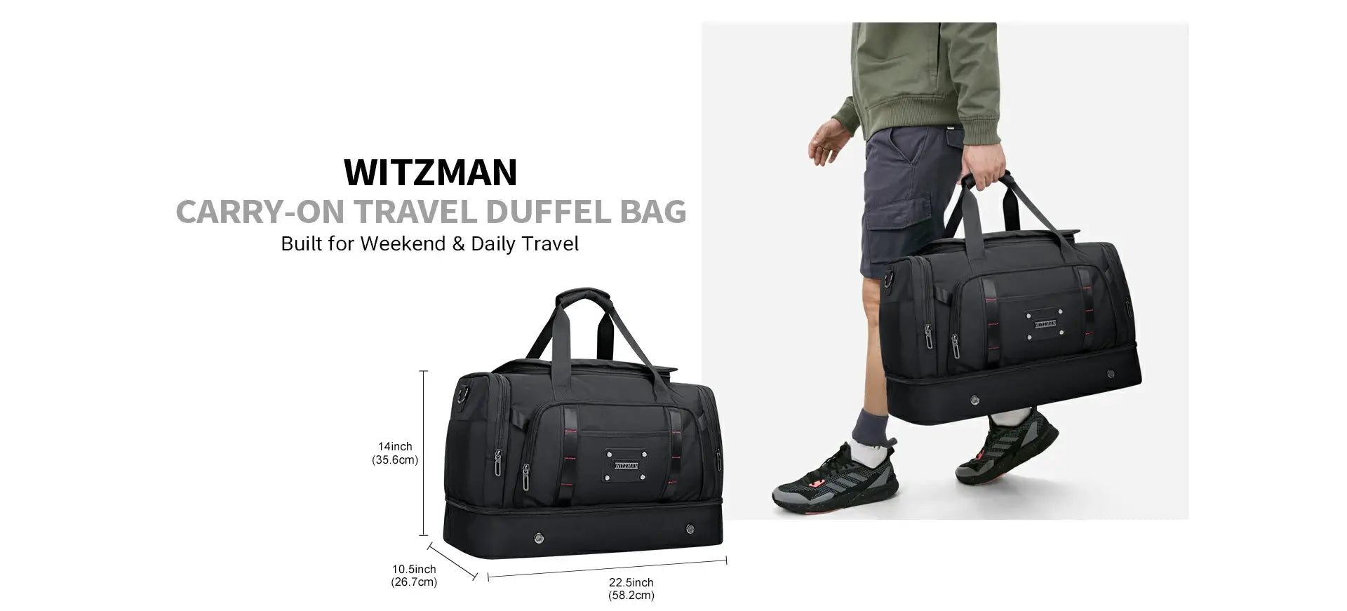 WITZMAN B720 duffel bag size display and double-layer shoe compartment structure