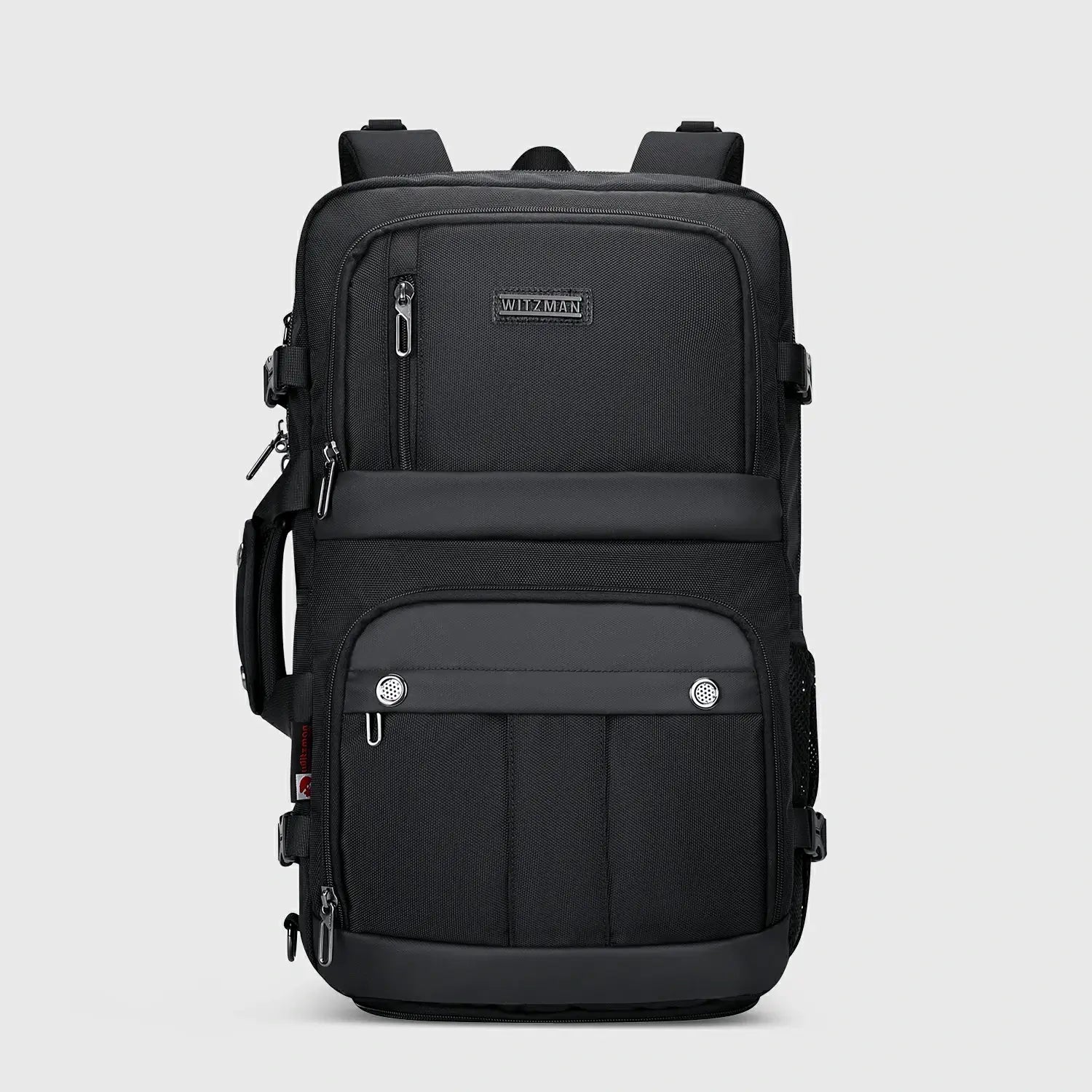 Black Nylon Travel Backpack for Men, three-quarter exterior angle