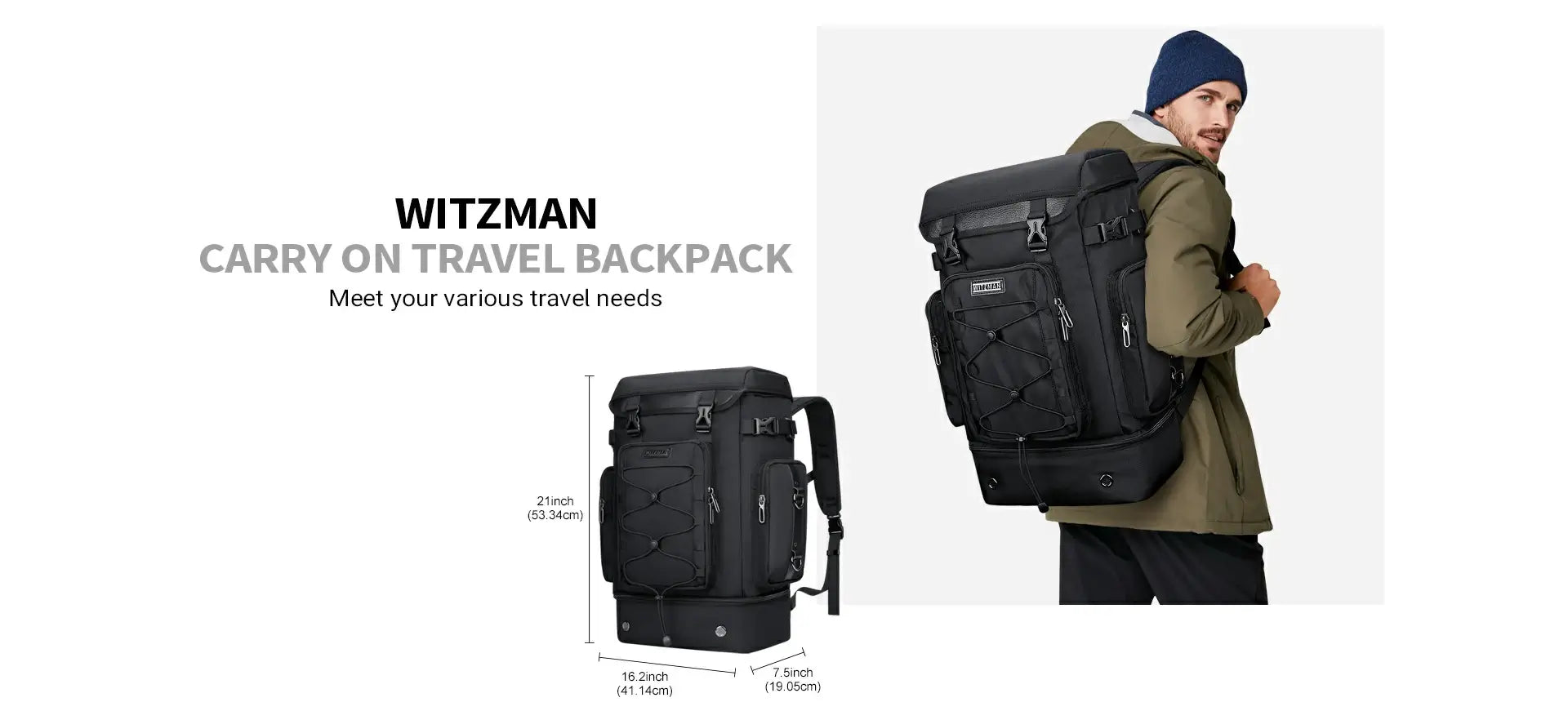 WITZMAN black travel backpack with shoe compartment and easy-access design