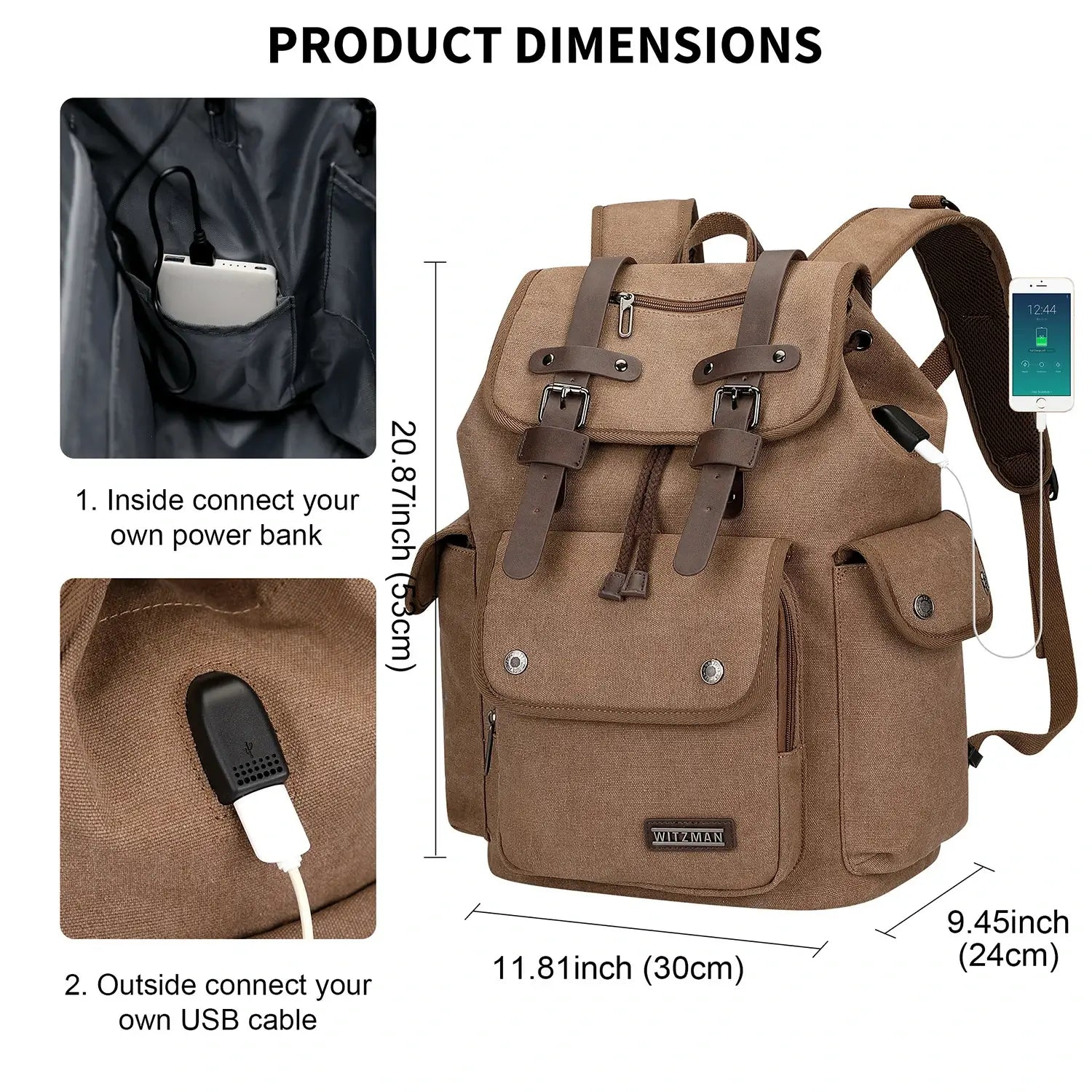 Canvas travel backpack with drawstring closure and laptop compartment for men and women a8004-2 brown