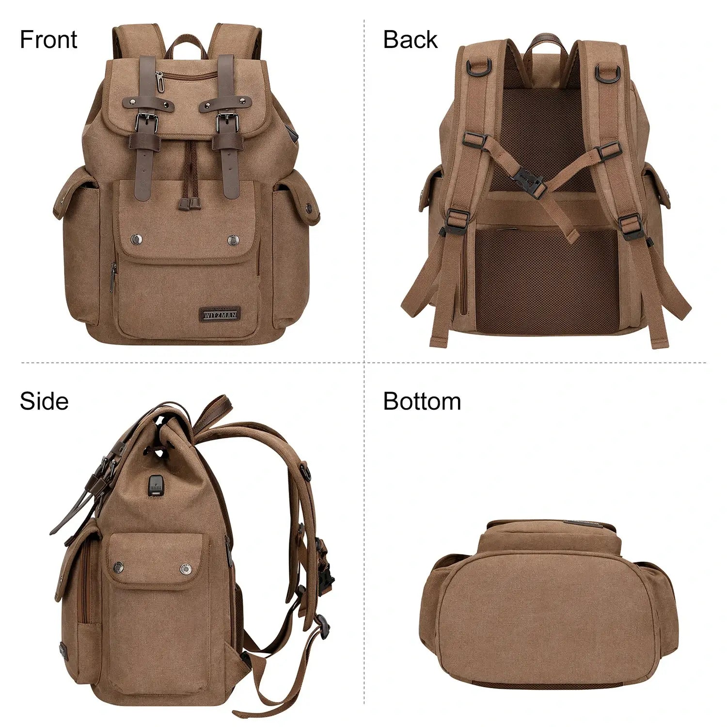 Canvas travel backpack with drawstring closure and laptop compartment for men and women a8004-2 brown