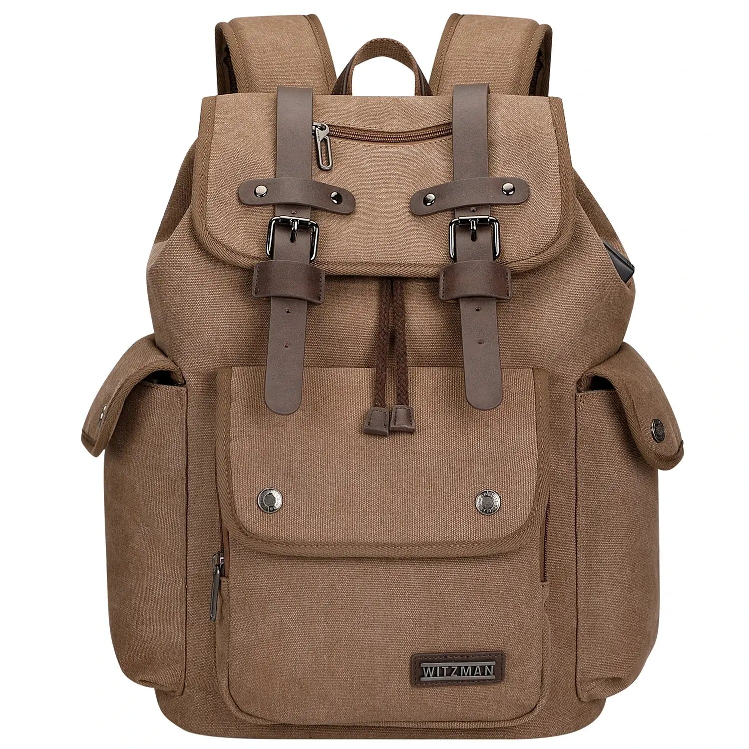 Canvas travel backpack with drawstring closure and laptop compartment for men and women a8004-2 brown