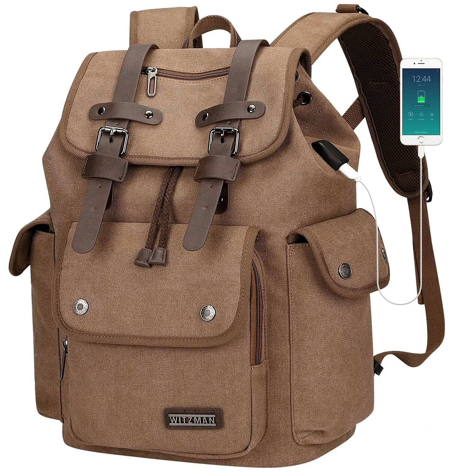 Canvas travel backpack with drawstring closure and laptop compartment for men and women a8004-2 brown