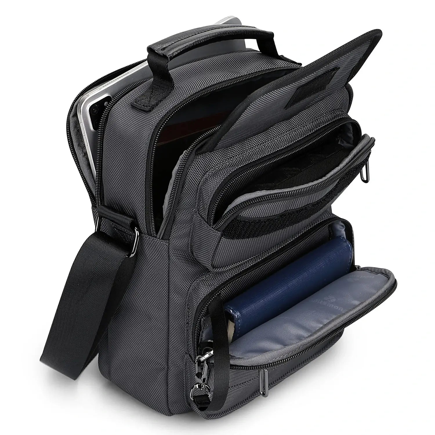 WITZMAN men’s sliver gray nylon crossbody sling bag with multiple compartments and iPad pocket B710