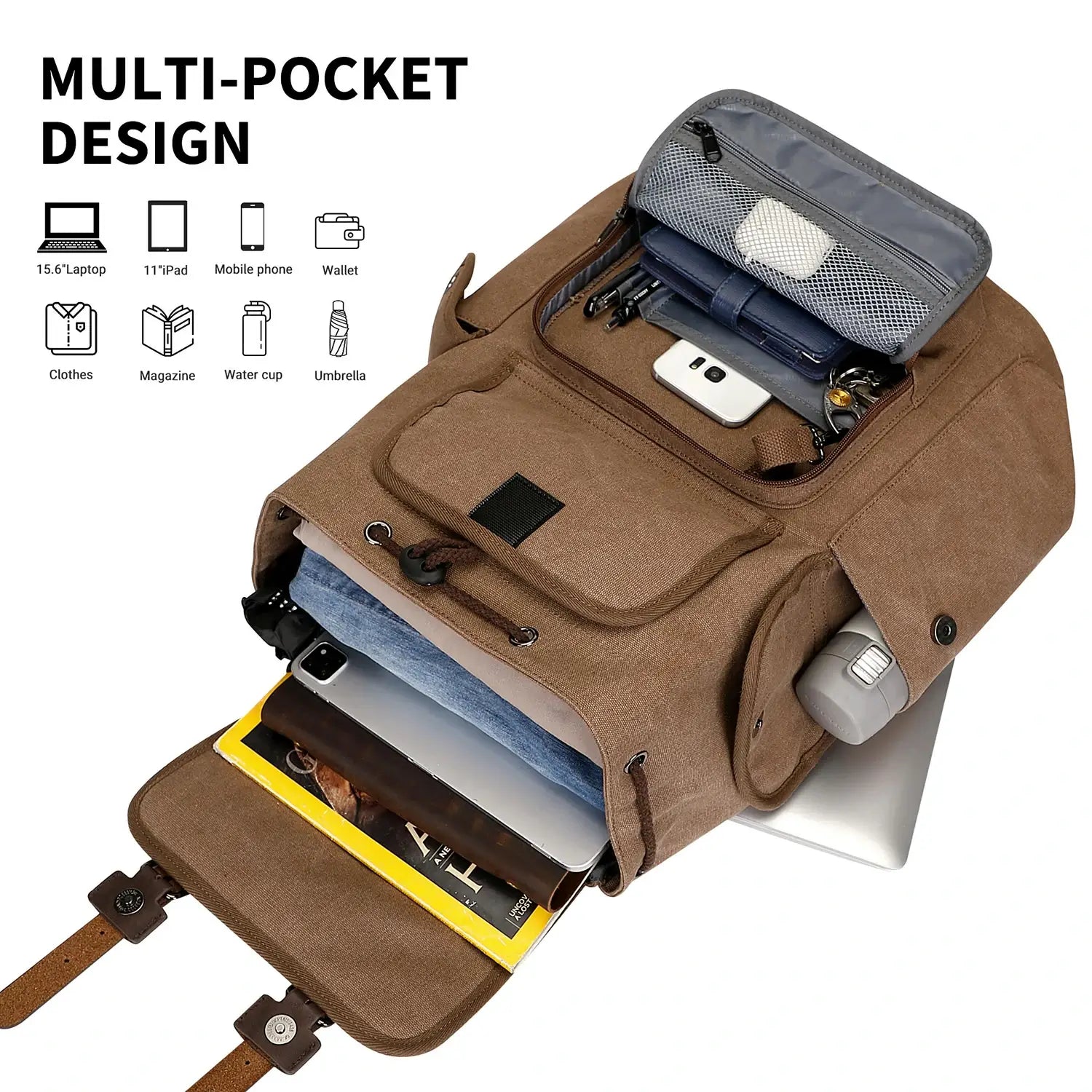 Canvas travel backpack with drawstring closure and laptop compartment for men and women a8004-2 brown