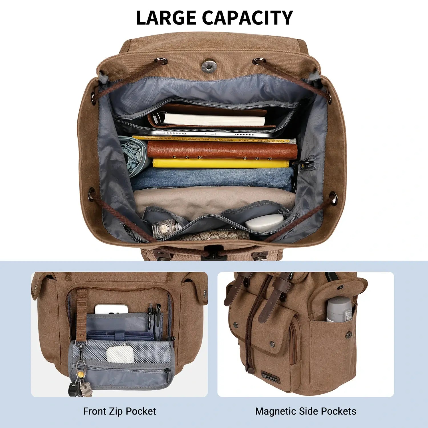 Canvas travel backpack with drawstring closure and laptop compartment for men and women a8004-2 brown