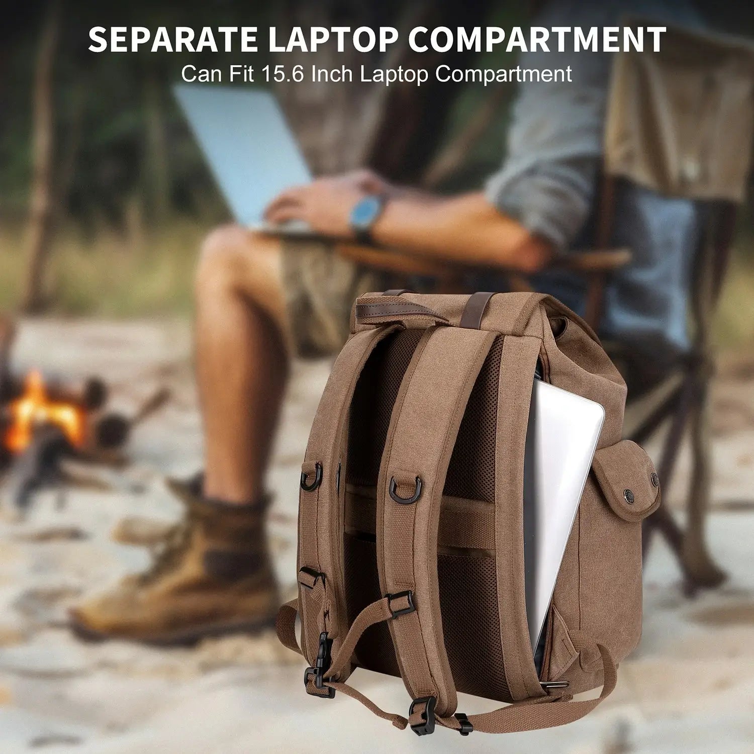 Canvas travel backpack with drawstring closure and laptop compartment for men and women a8004-2 brown