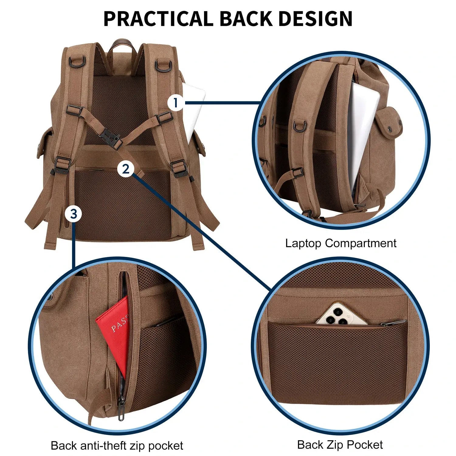 Canvas travel backpack with drawstring closure and laptop compartment for men and women a8004-2 brown