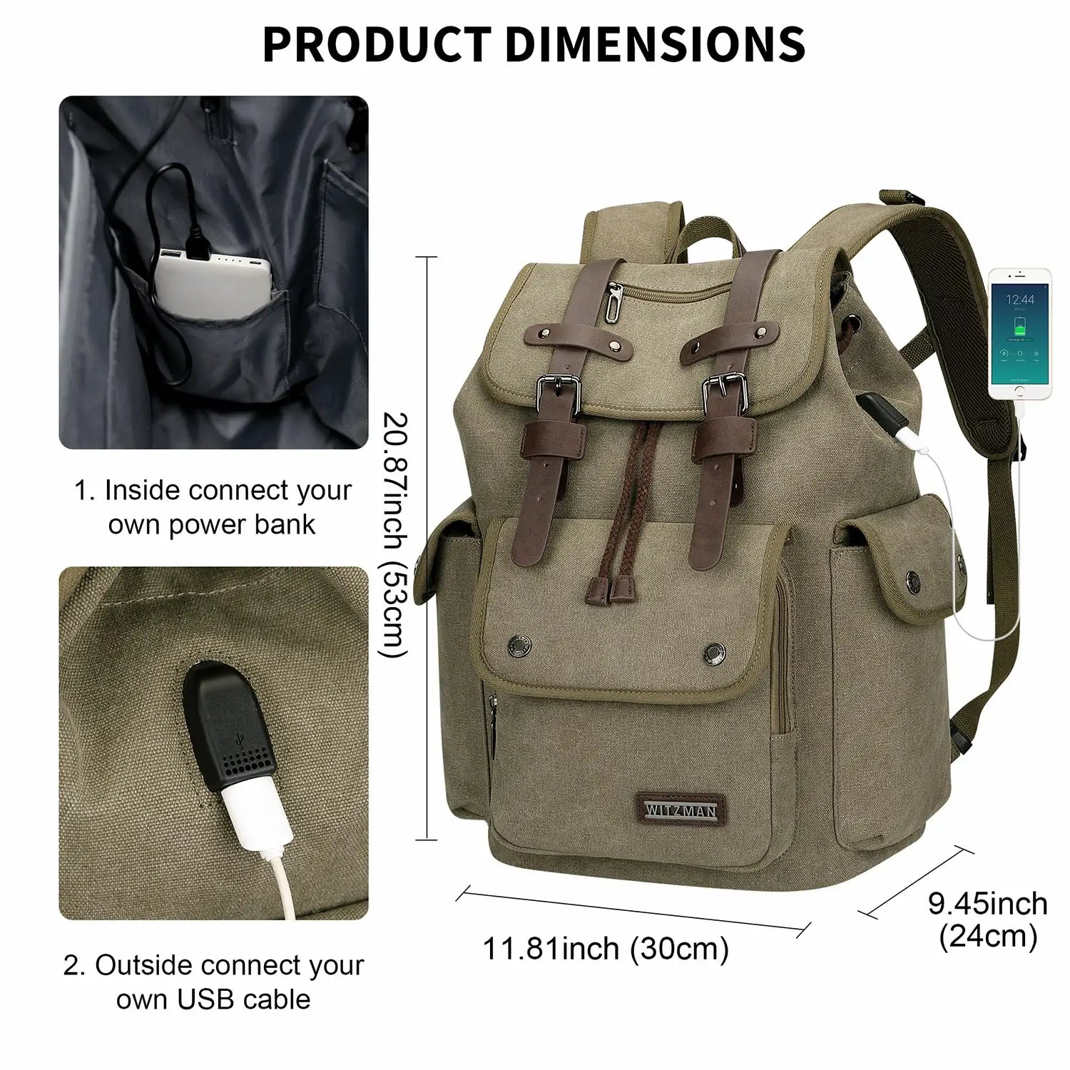 Canvas travel backpack with drawstring closure and laptop compartment for men and women a8004-2 green