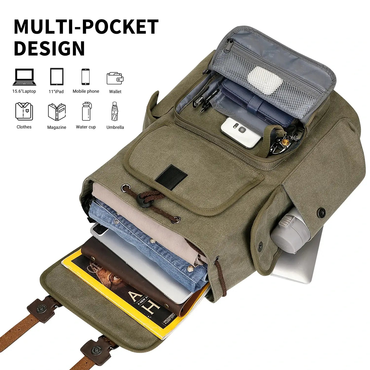 Canvas travel backpack with drawstring closure and laptop compartment for men and women a8004-2 green