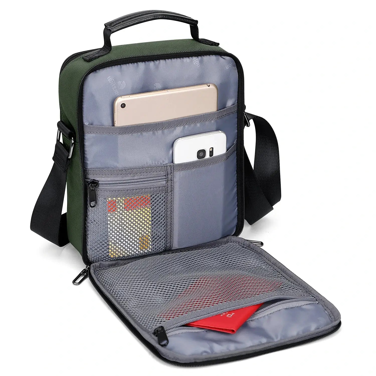 WITZMAN B708 men’s lightweight nylon crossbody bag with front MOLLE webbing - green messenger bag