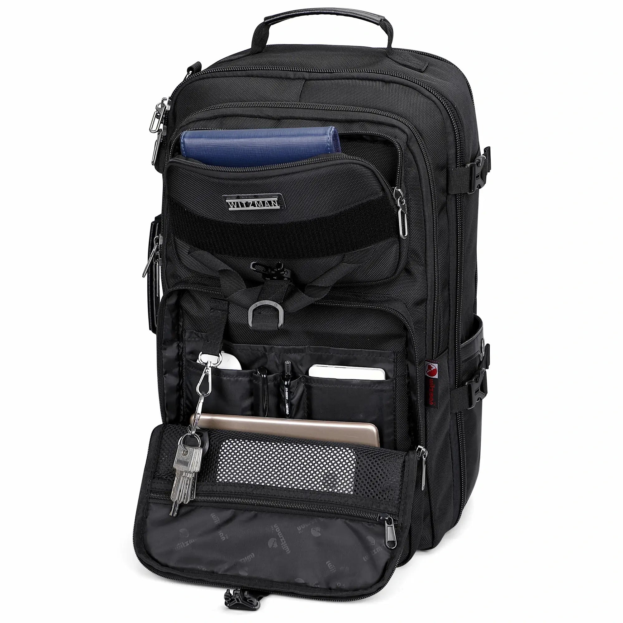 B688 Best large travel backpack carry on luggage bag black backpacks 45L with clamshell opening and multiple compartments - front pocket