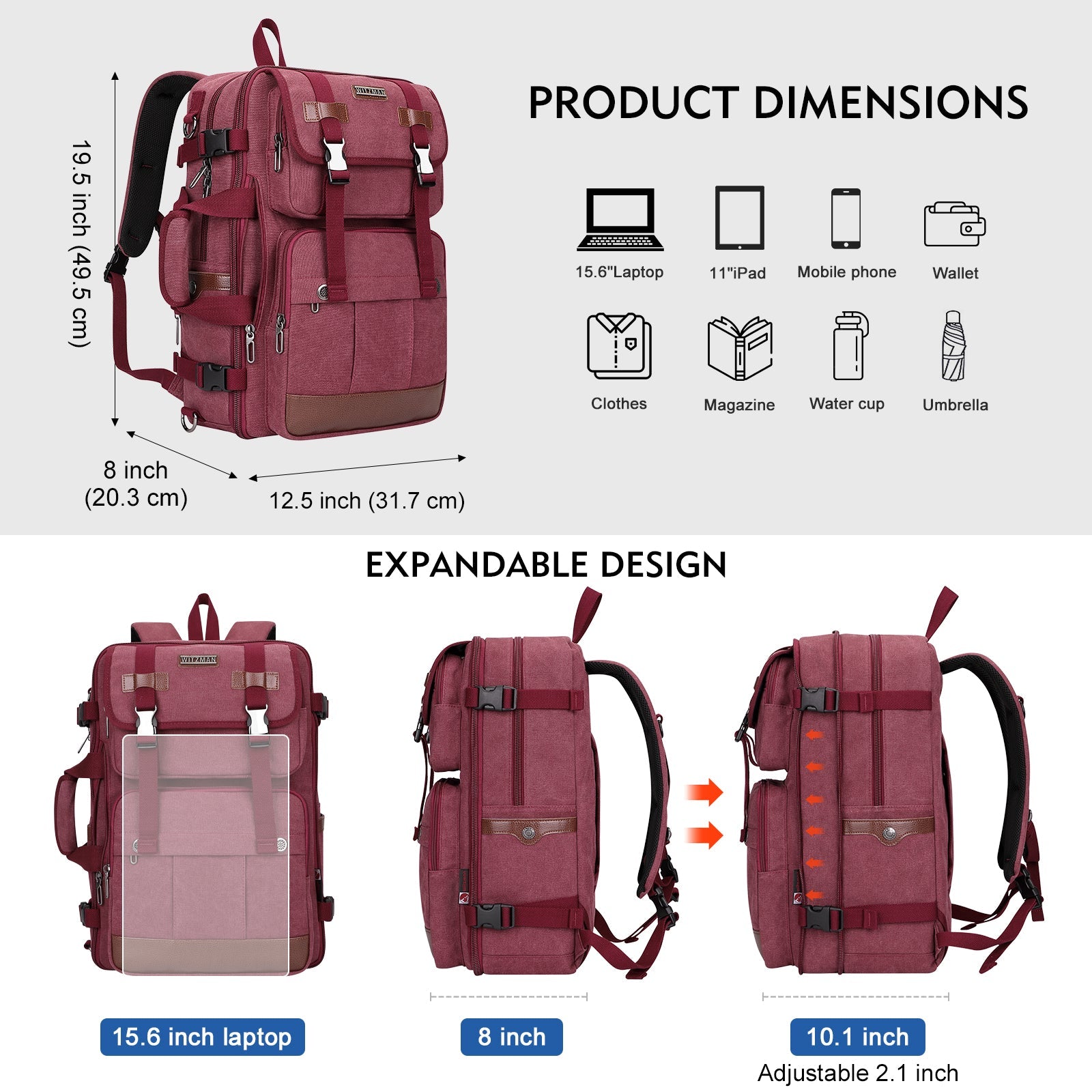 red canvas carry on travel backpacks | witzman a519-2 #color_red