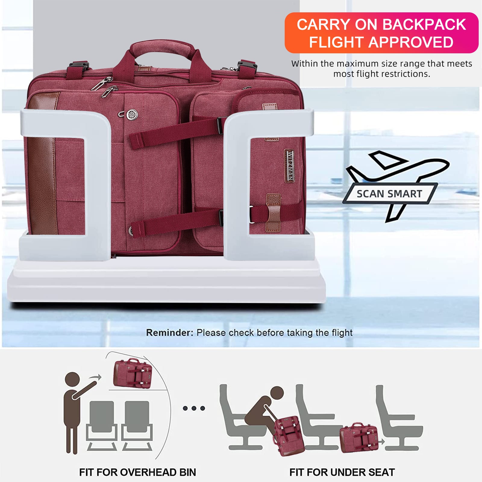 red canvas carry on travel backpacks | witzman a519-2 #color_red