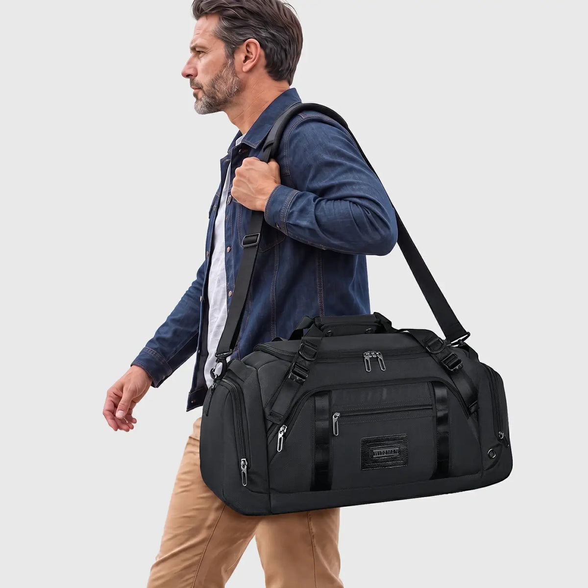 50L travel duffle bag for men with padded handles and organized storage