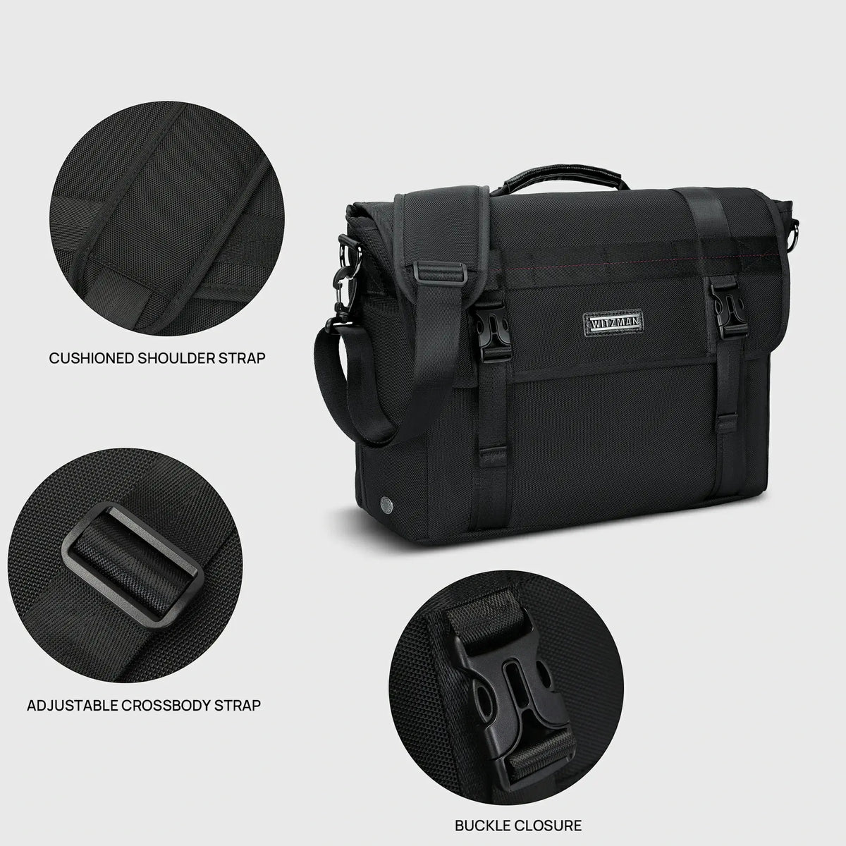 Men's work messenger bag with two rear storage pockets for documents and valuables
