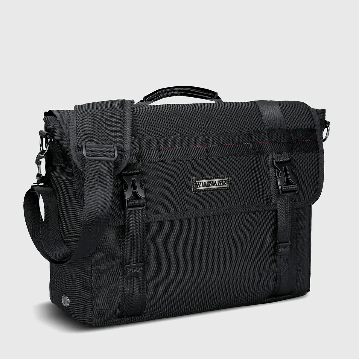Black men's messenger bag with adjustable crossbody strap and multiple storage compartments
