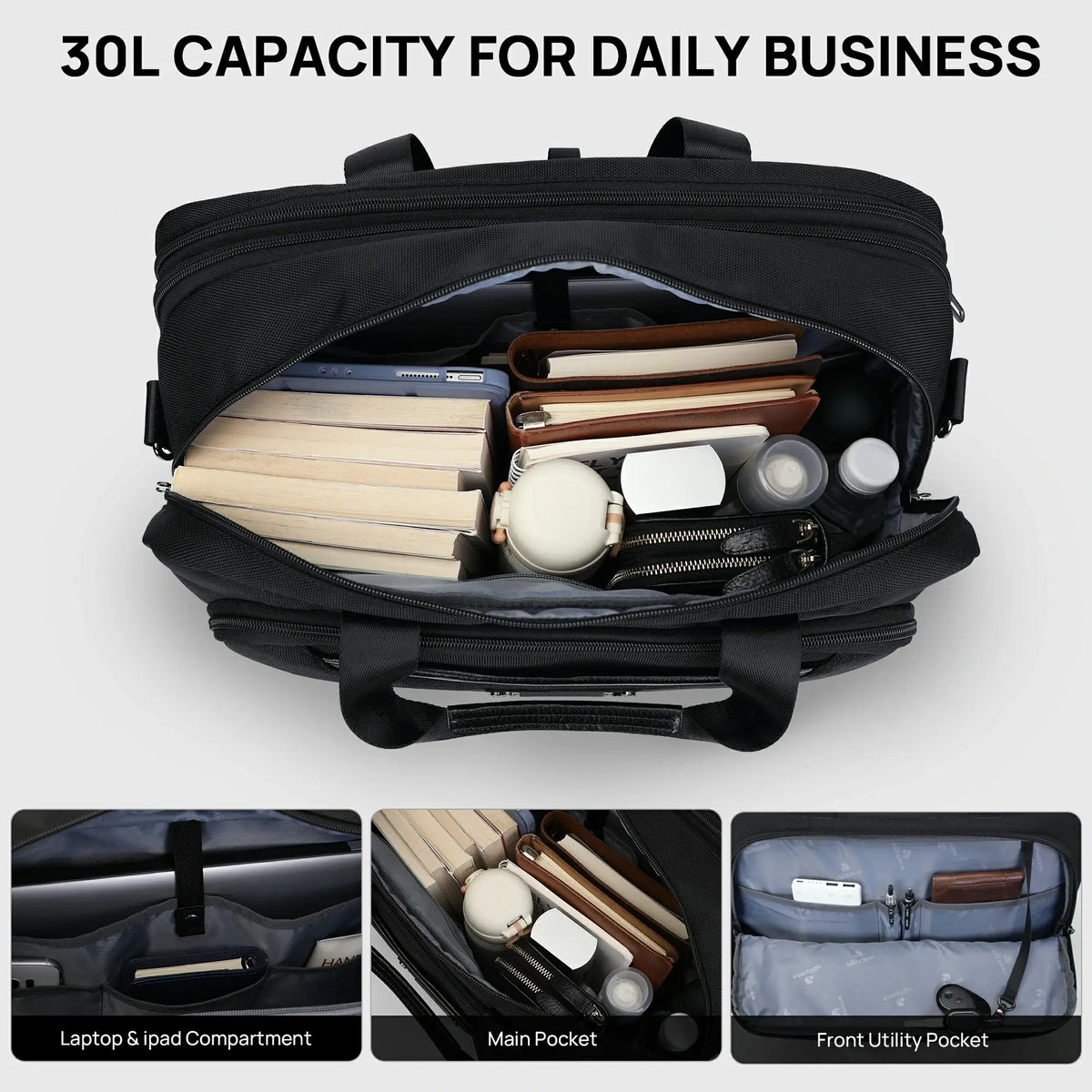 Expandable laptop briefcase for men showing organized main compartments, padded laptop storage, and interior accessory pockets