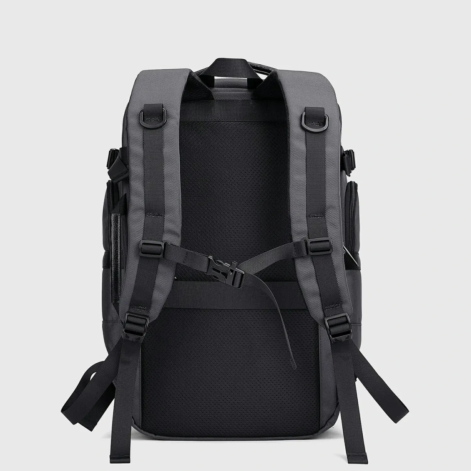 Back view of silver grey business travel backpack with breathable padding and chest strap