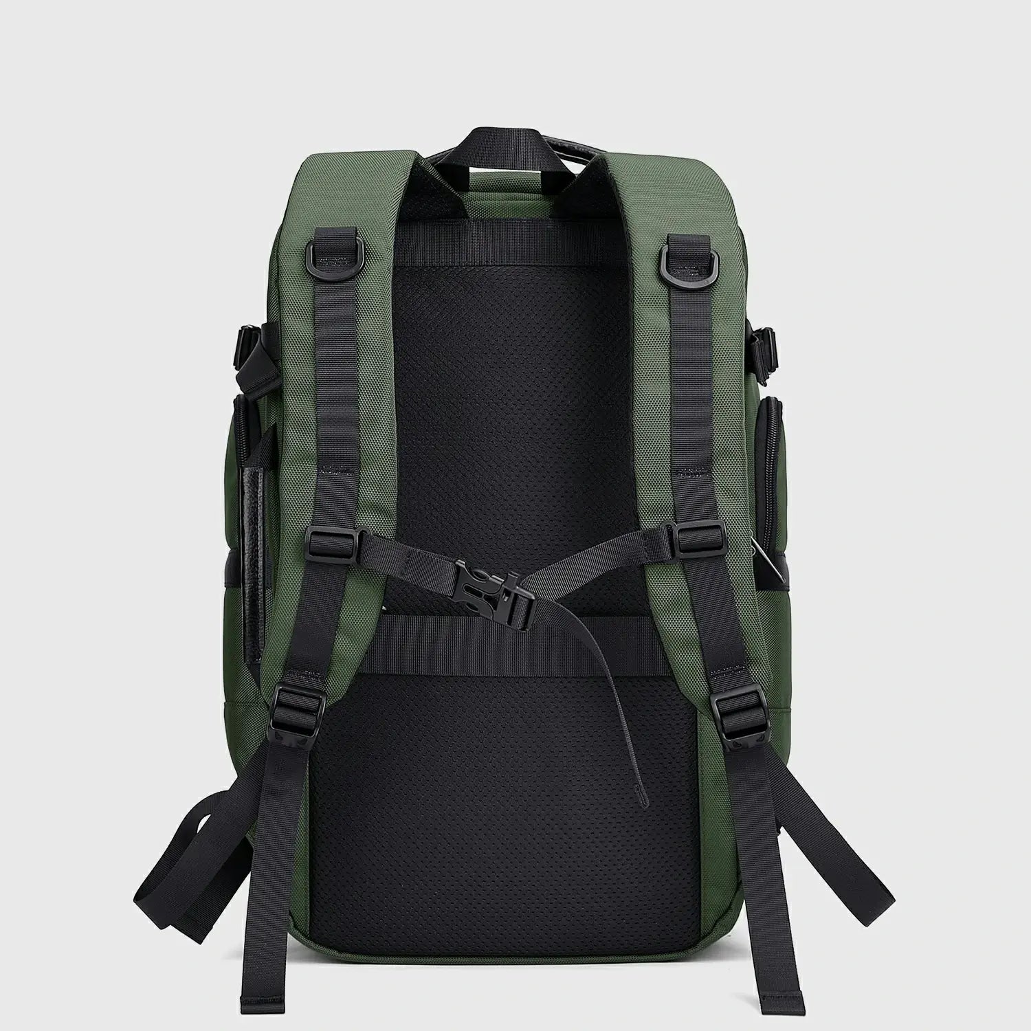 Back view of army green travel backpack with breathable padding and adjustable chest strap