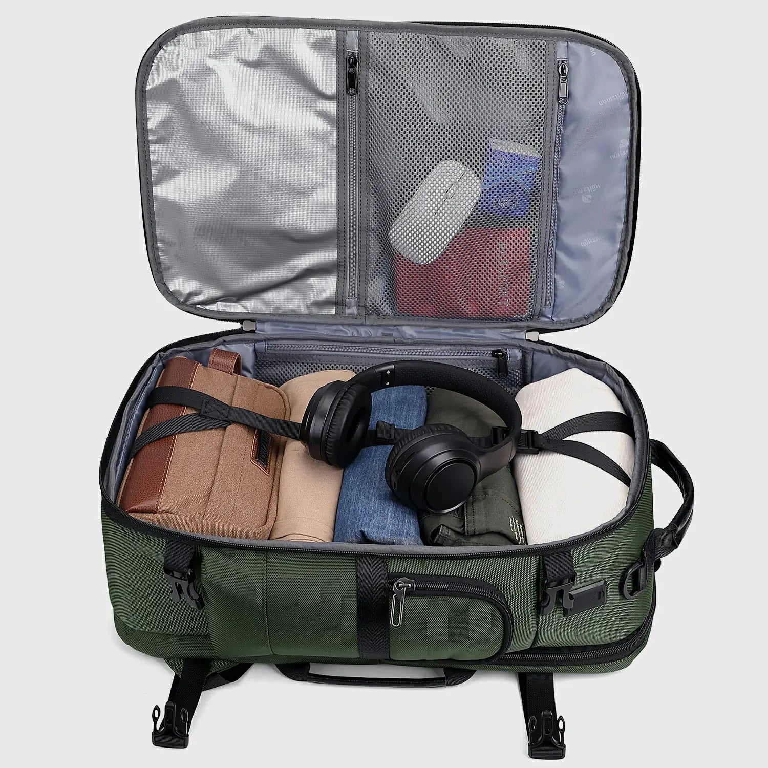 Army green business travel backpack with independent laptop and tablet compartment open
