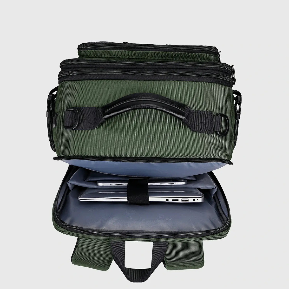 Army green 40L carry on backpack with 180 degree clamshell compartment open