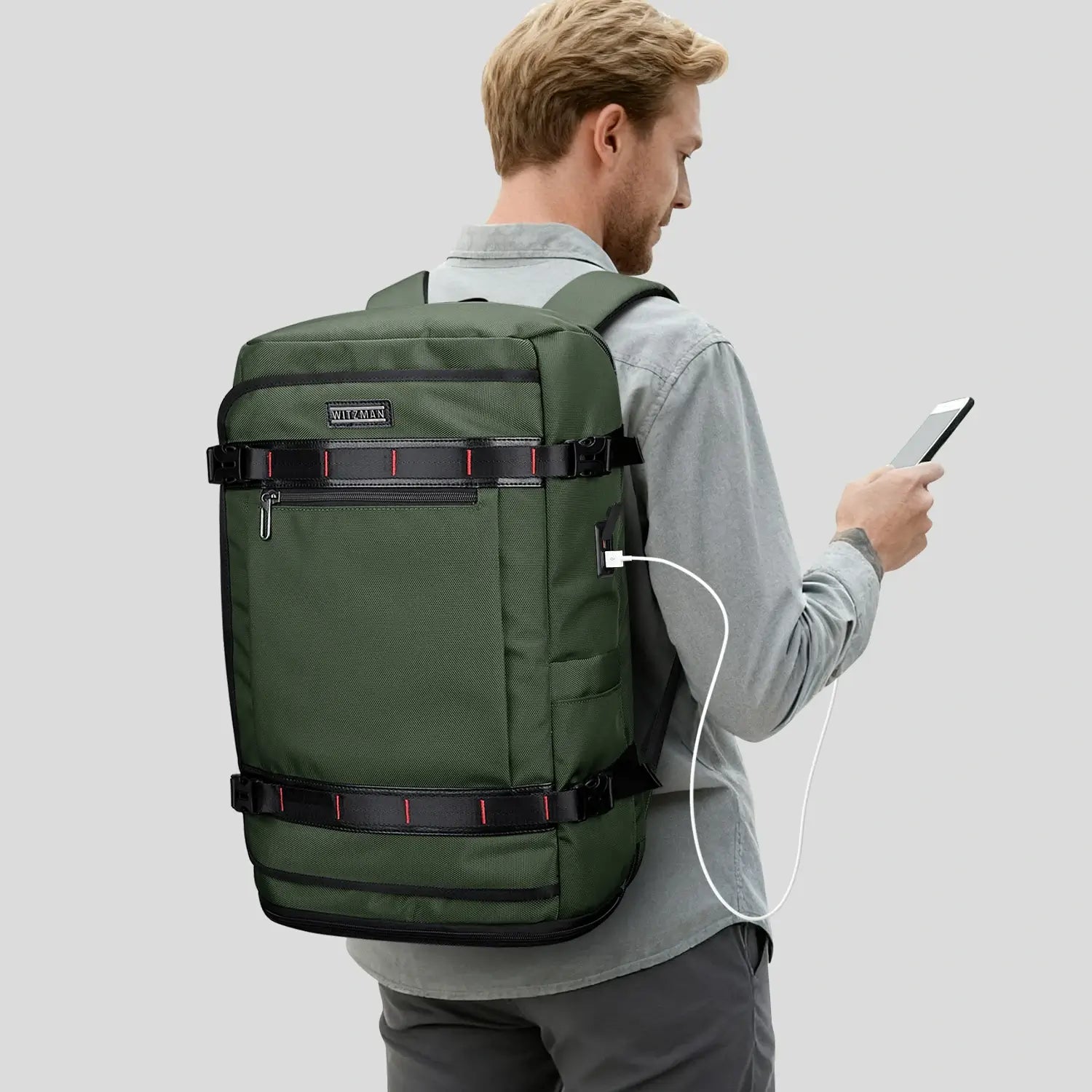 WITZMAN 35L army green travel backpack for men nylon carry on bag usb port