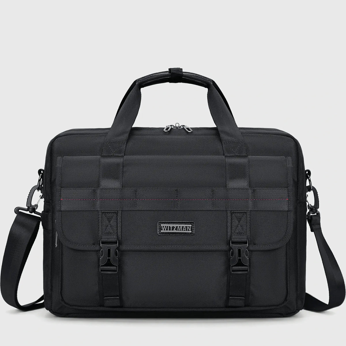 WITZMAN B769 black 28L laptop briefcase for men with buckle flap, nylon exterior, top handles and adjustable shoulder strap.