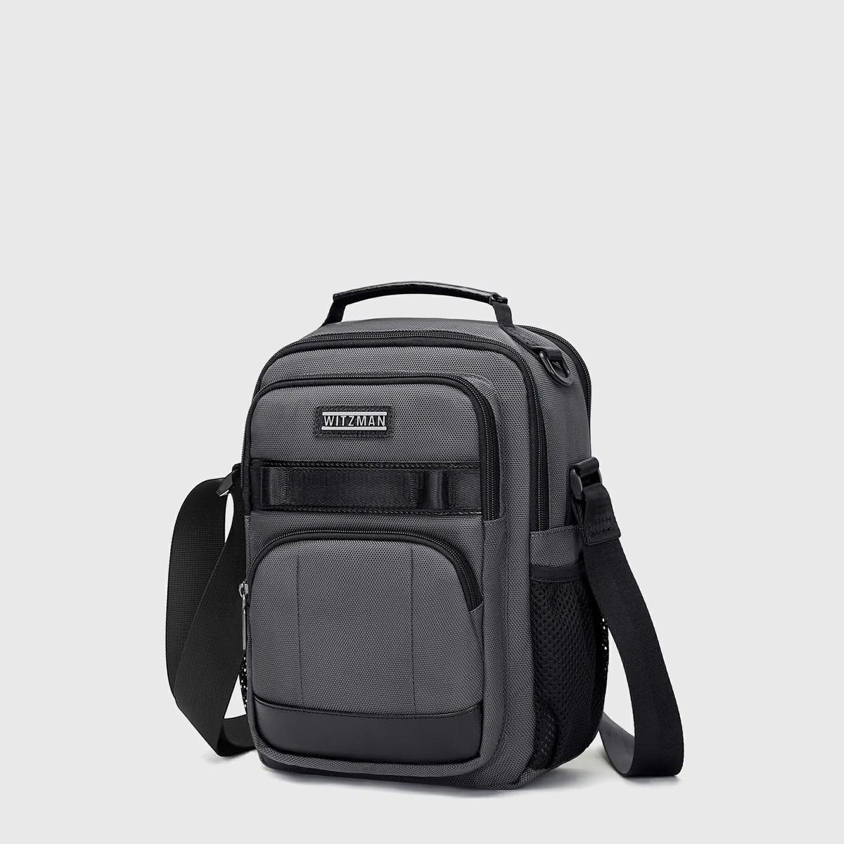 11L black messenger bag for men with adjustable strap iPad pocket and multi-compartment storage