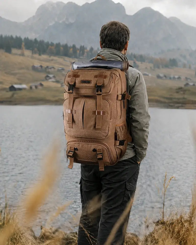 Canvas travel backpacks for men with vintage styling, durable construction and versatile carry-on organization
