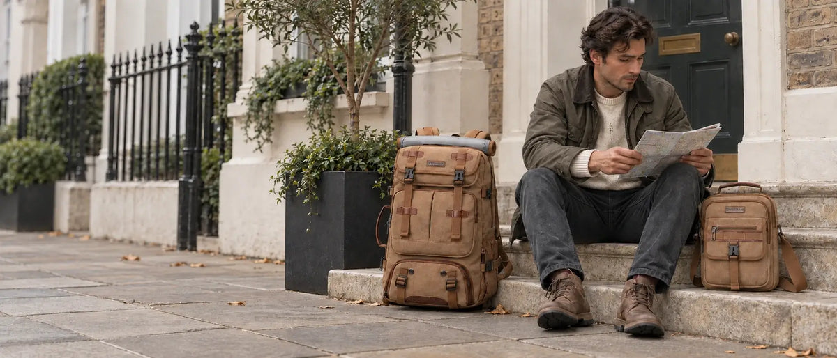 WITZMAN heritage travel backpack and matching shoulder bag outside a British townhouse